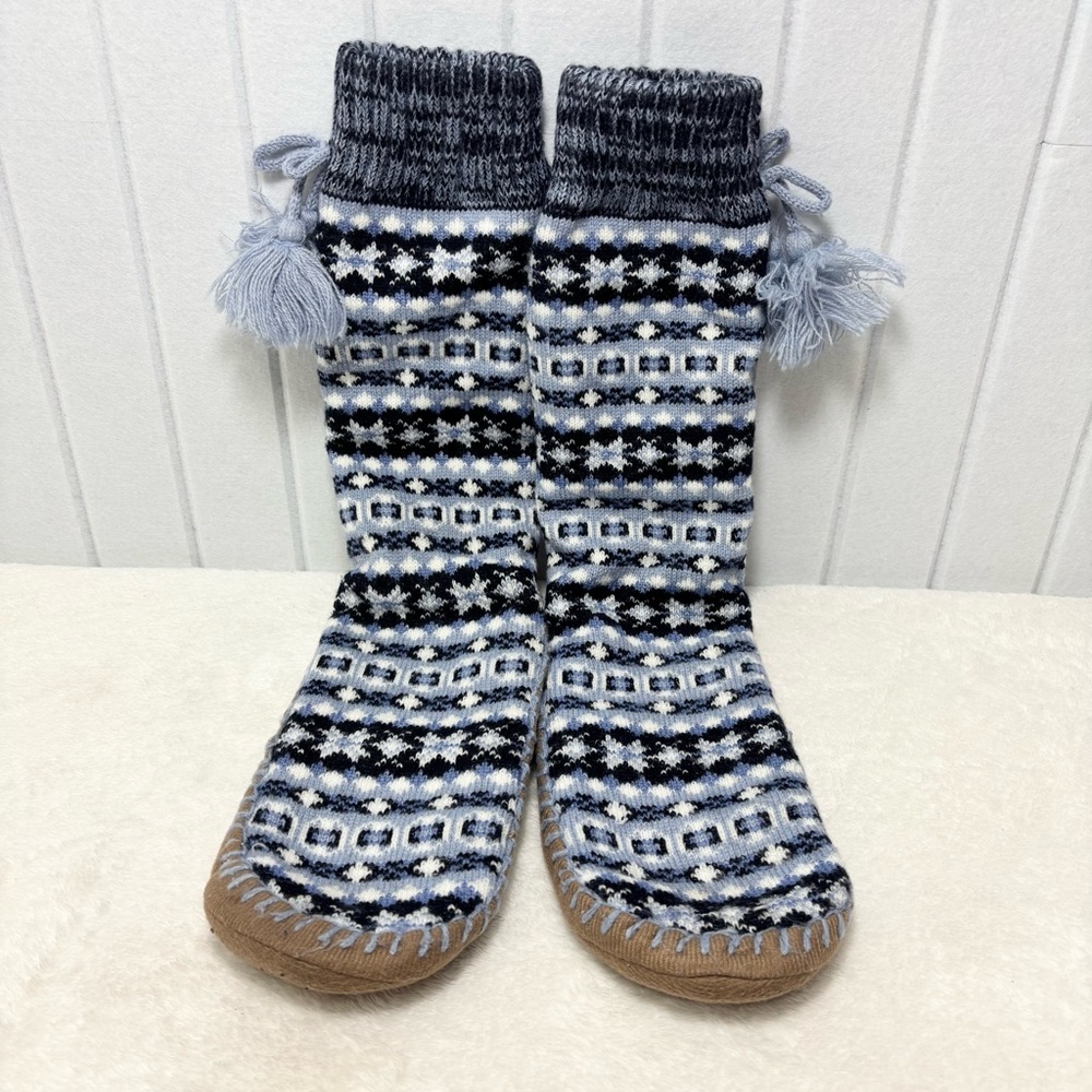 Muk Luks Blue‎ Striped Fair Isle Slipper Sock 10"